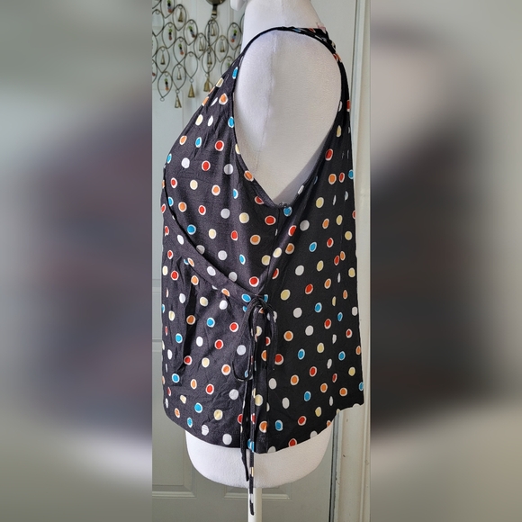 Vintg Y2K Faux Wrap Babydoll Sleevles Blouse Women's XL Black & Multi Polka Dot - Picture 2 of 9